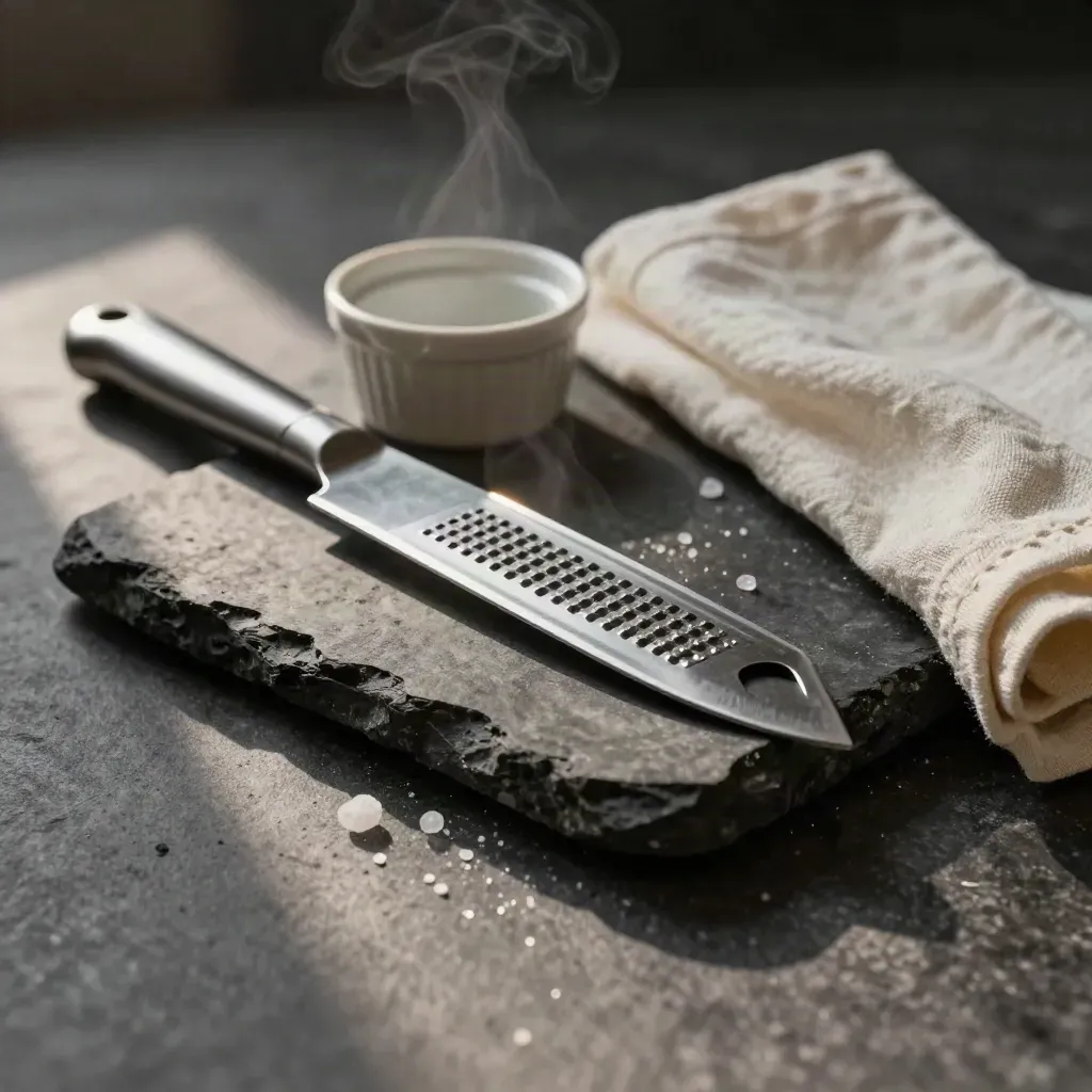 Knife, microplane, ramekin and linen on charcoal stone with soft steam and diagonal light