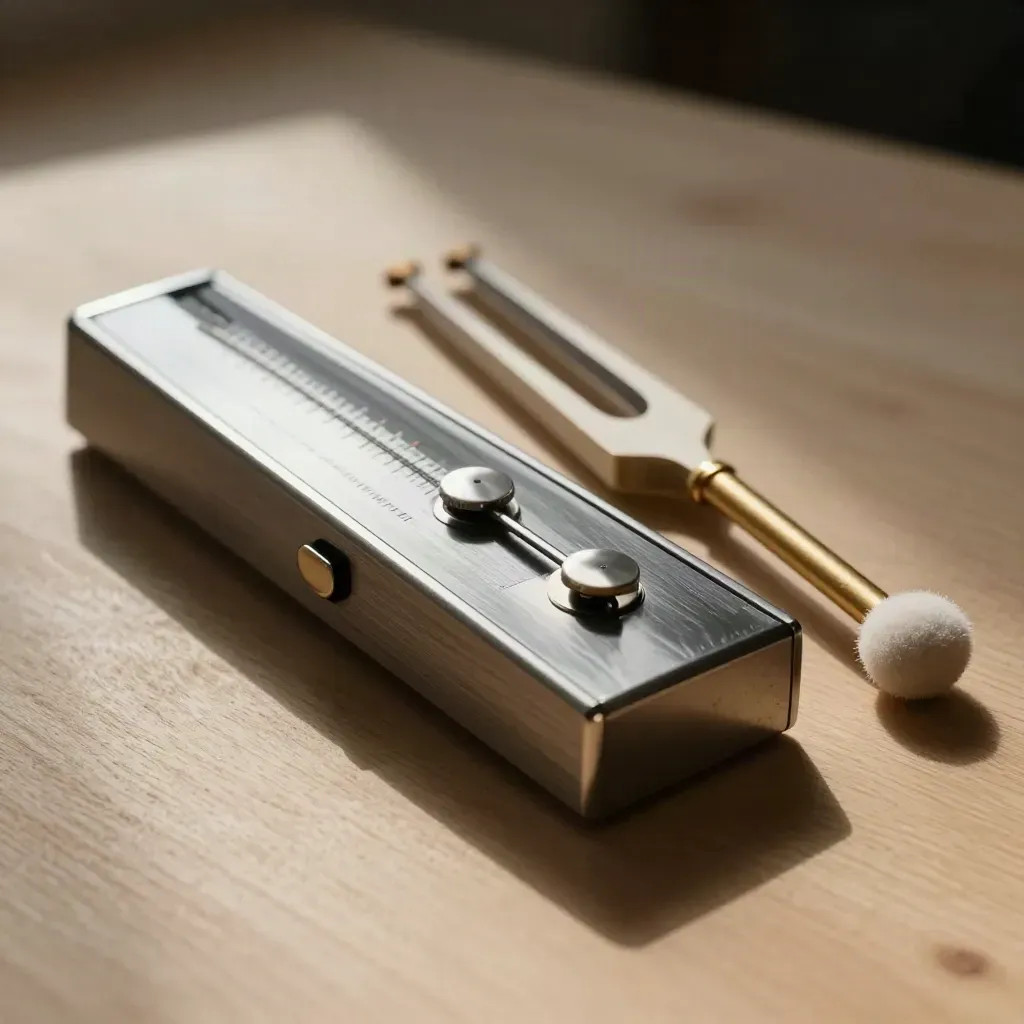 Brushed metronome, tuning fork, reed case, and drum key on pale wood in raking light