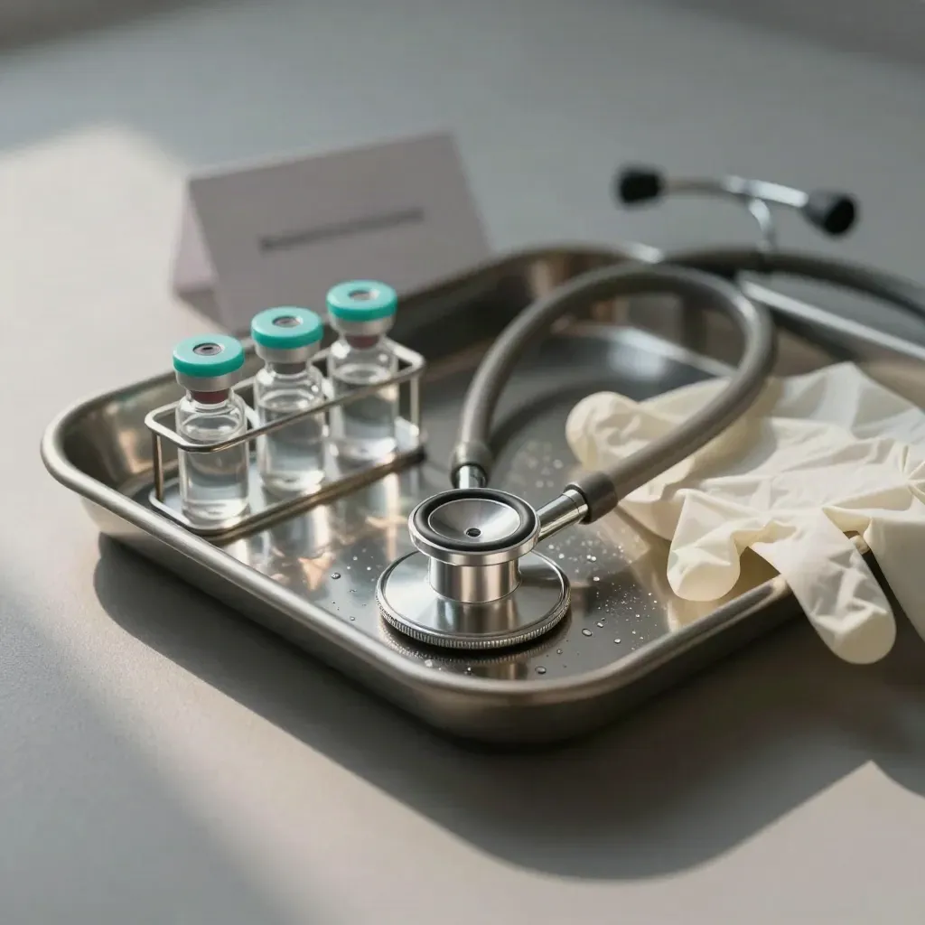Medical still life with stethoscope, tray, vial rack and gloves on pale stone.