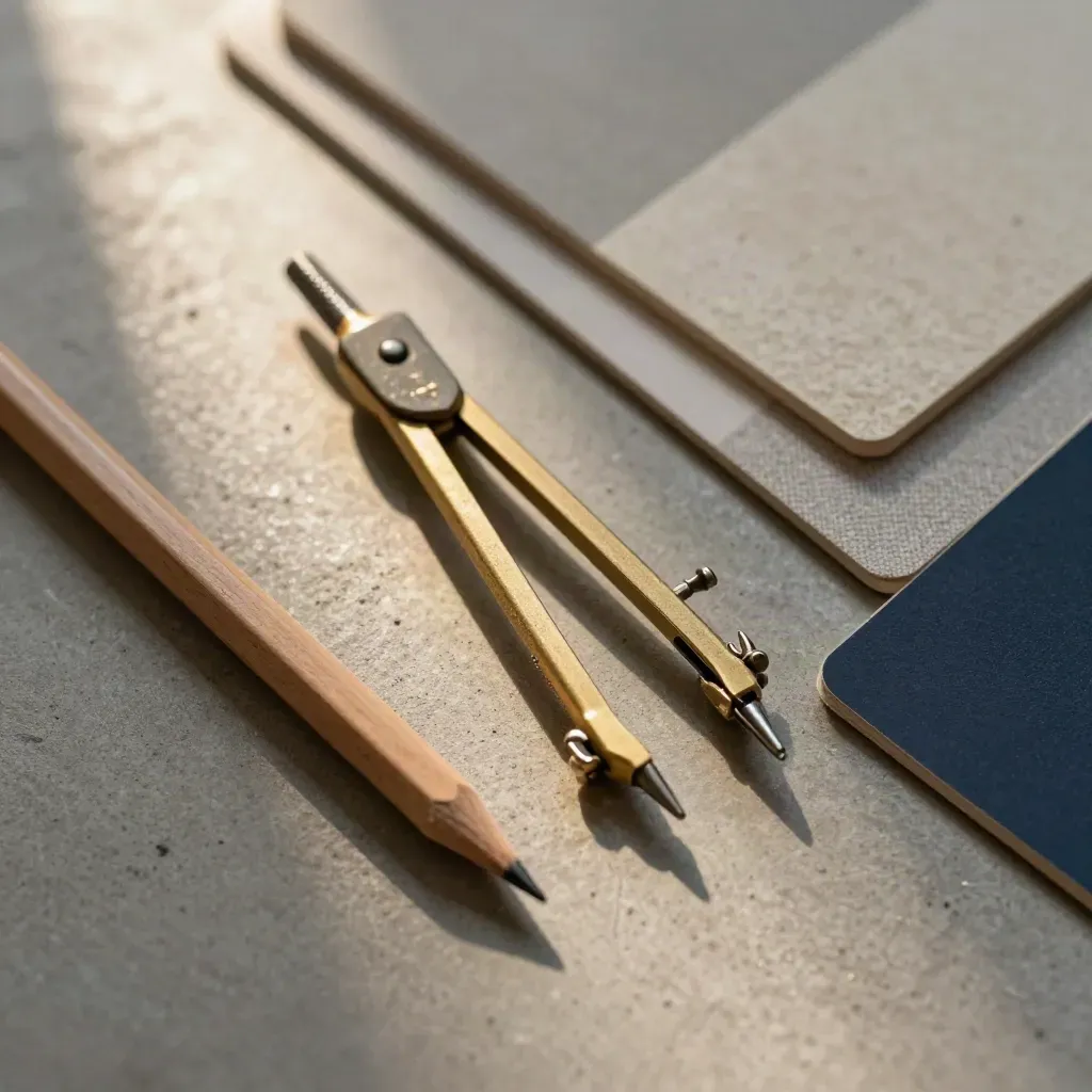 Brass compass, graphite pencils, and architectural swatches on brushed concrete in a diagonal flat lay