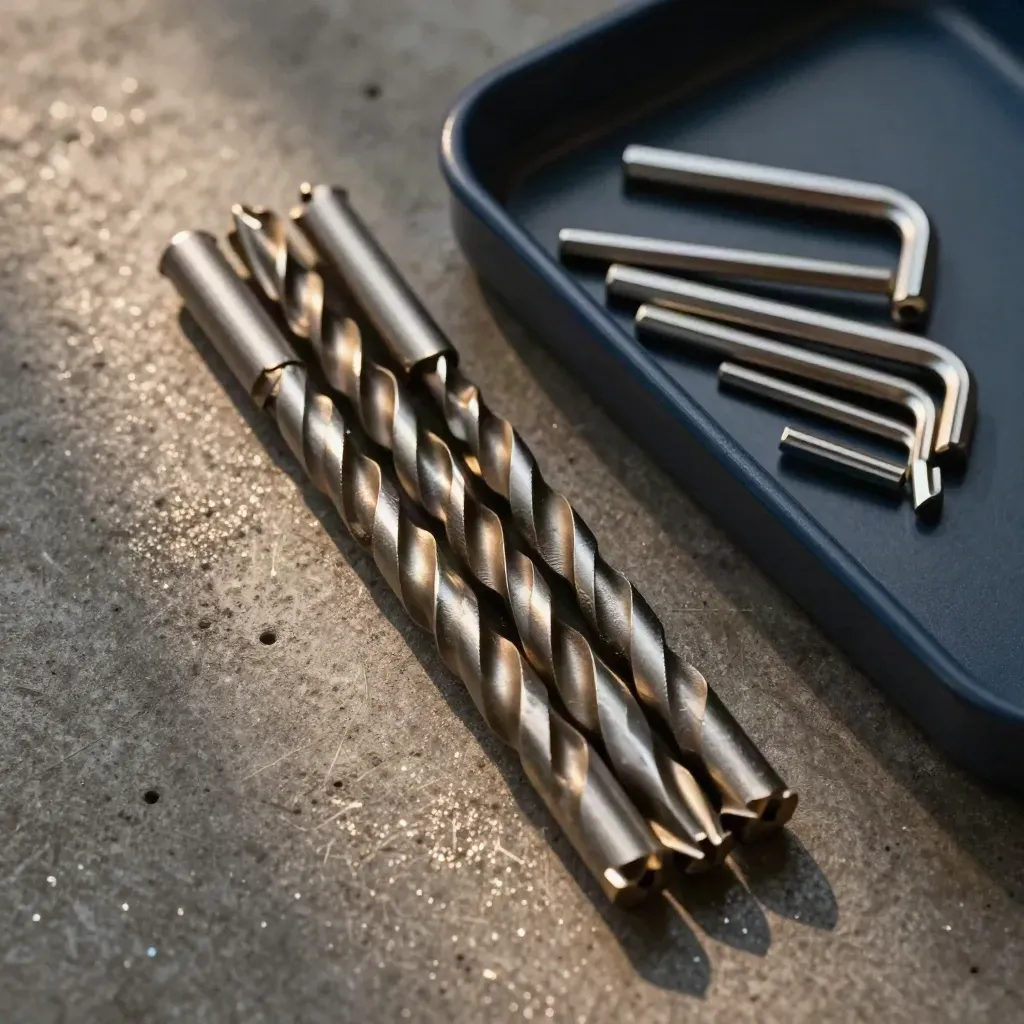 Macro flat lay of drill bits, hex keys and a magnetic parts tray on dark concrete.