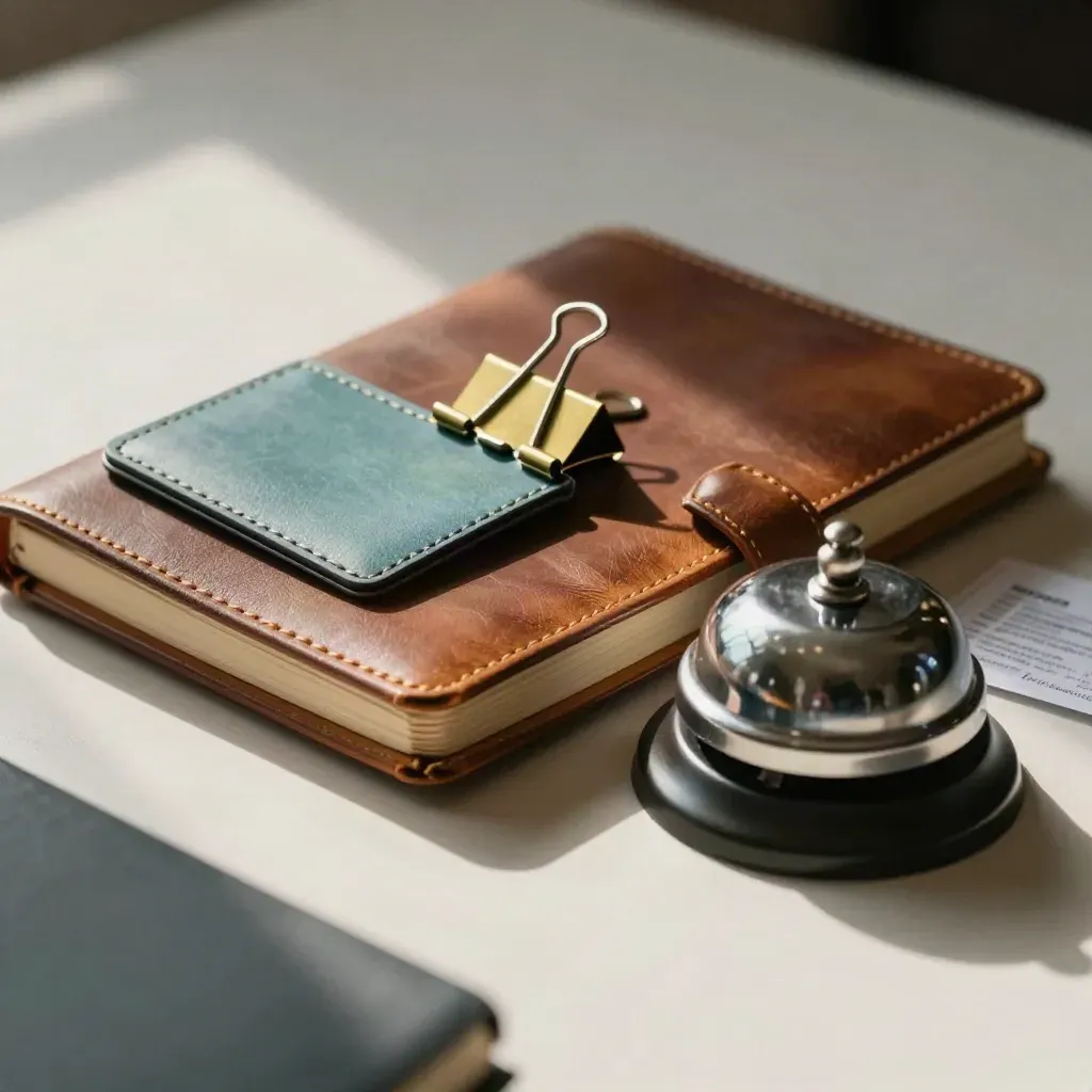 Leather notebook, brass bell, teal keycard sleeve and clip on pale plaster with dark foreground blur.