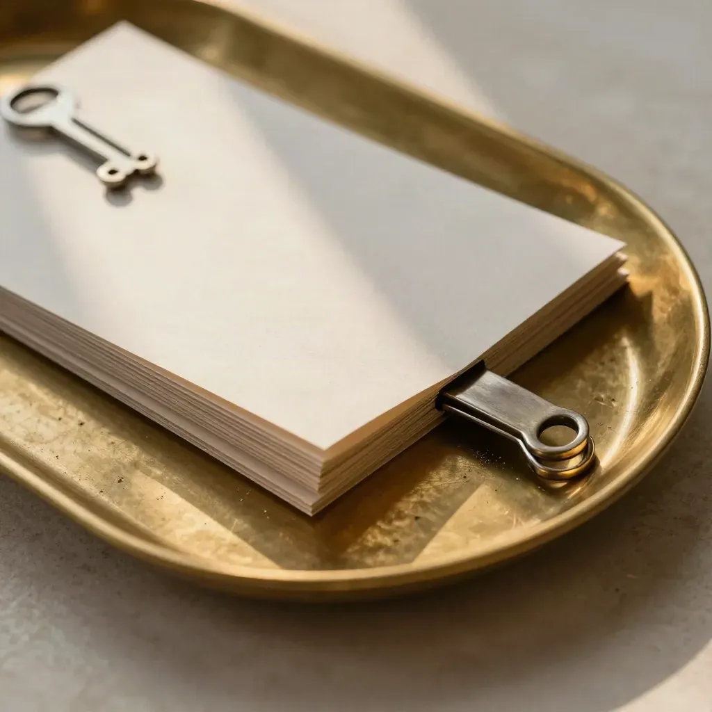 Brass token tray with sliding tabbed folder and metal clips on pale stone.