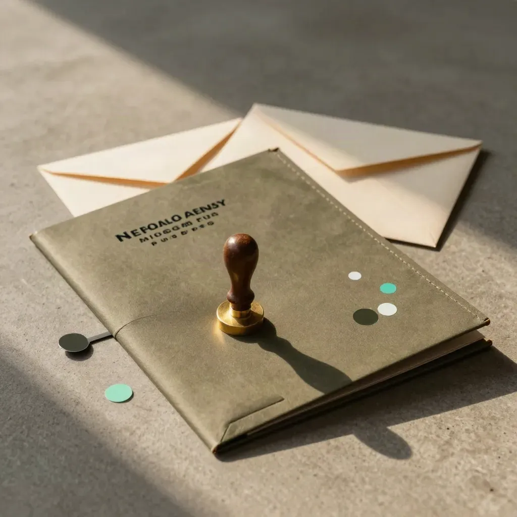 Accordion welcome folder, wax stamp, envelopes and seal dots on warm concrete.