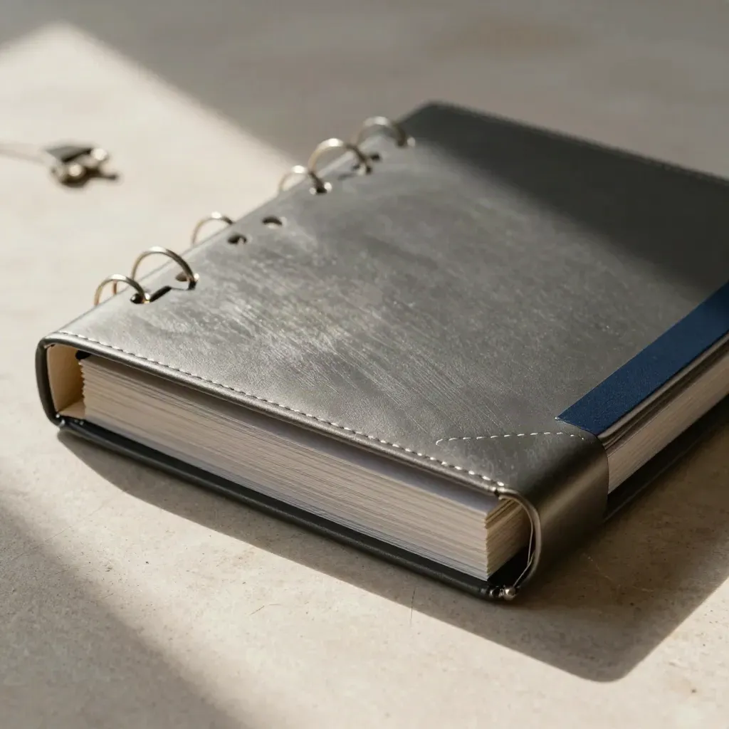 Binder spine, divider tabs, and metal bookmark in a premium macro flat lay.
