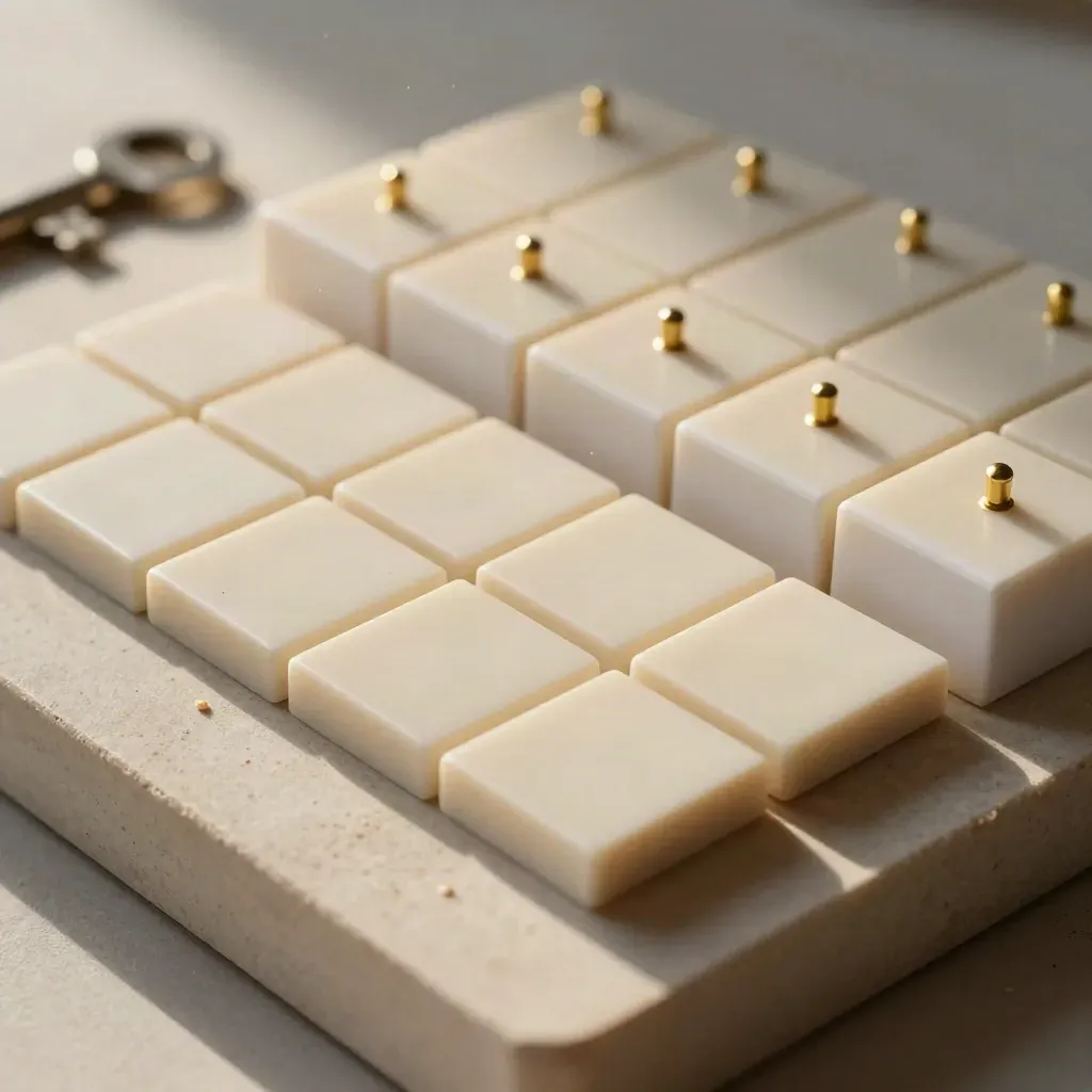 Blank status tiles and brass pegs aligned in a stepped grid on pale stone.