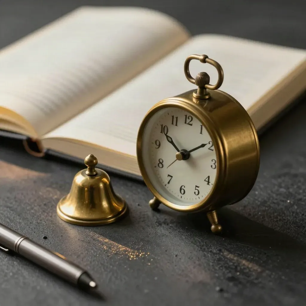 Brass clock, bell and ringed notebook on charcoal plaster with warm raking light.
