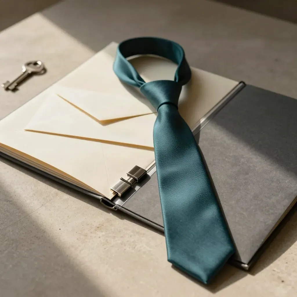 Accordion folder with starter materials, clip pieces, and envelope on pale stone.