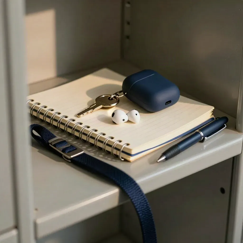 Student kit on a locker shelf with lanyard, earbuds case, notebook and key ring.