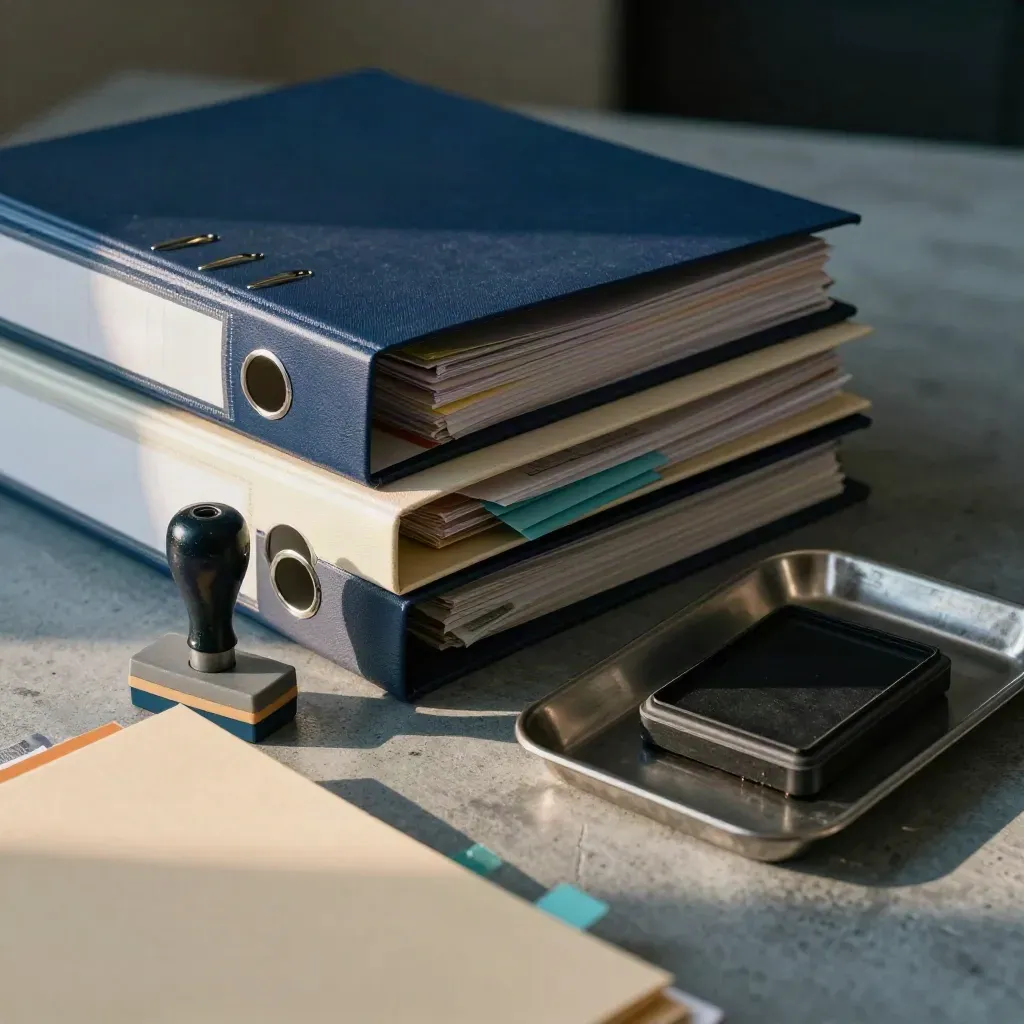 Binders, rubber stamp, tray, and tabs on concrete with a blurred folder edge in front.