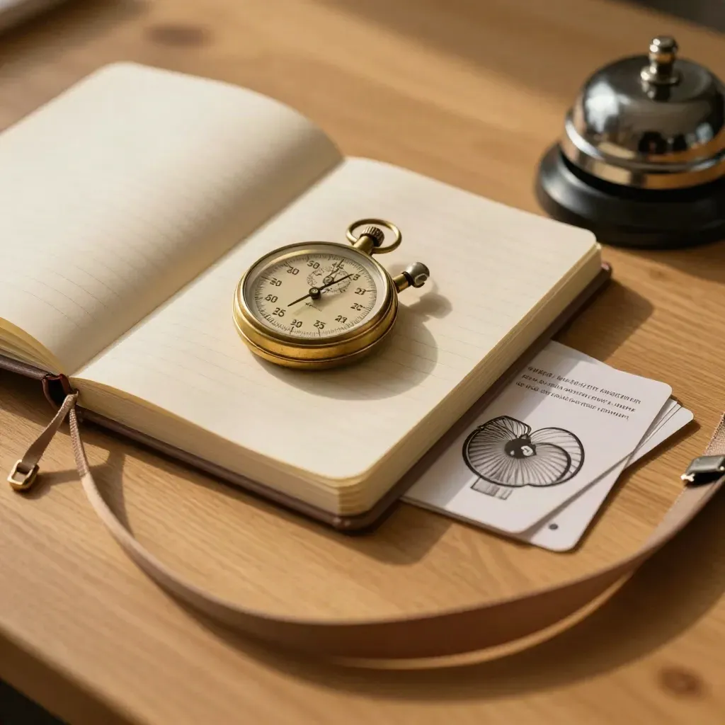 Brass stopwatch, session notebook, cue cards, and desk bell on pale oak
