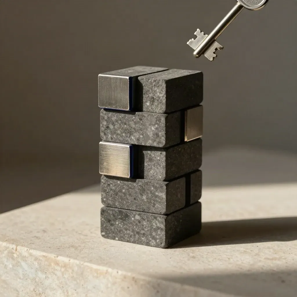 Graphite blocks and connectors forming a tidy tower on pale stone, lit dramatically.