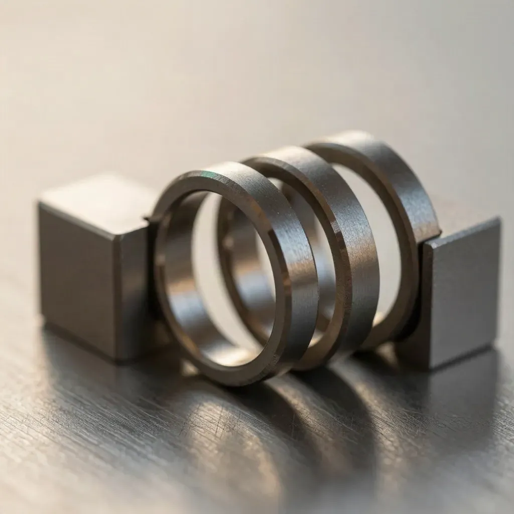 Macro of metal rings, magnetic coupler, and precision blocks on brushed steel.