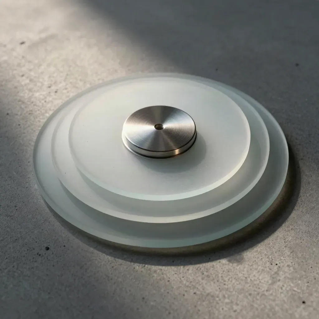 Top-down still life of frosted discs and metal connectors on concrete with dramatic side light.