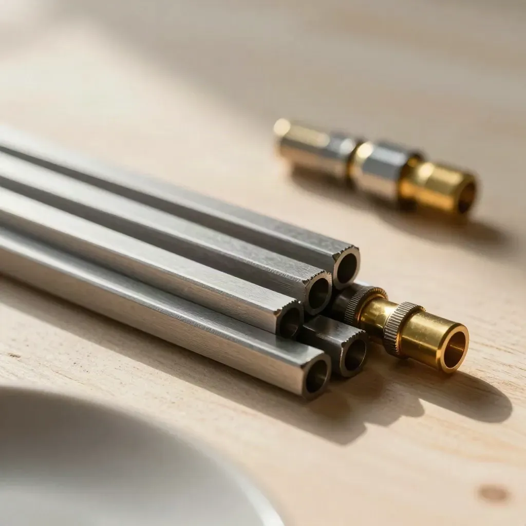 Precision metal connectors and stacked bars on pale wood with warm gold accents.