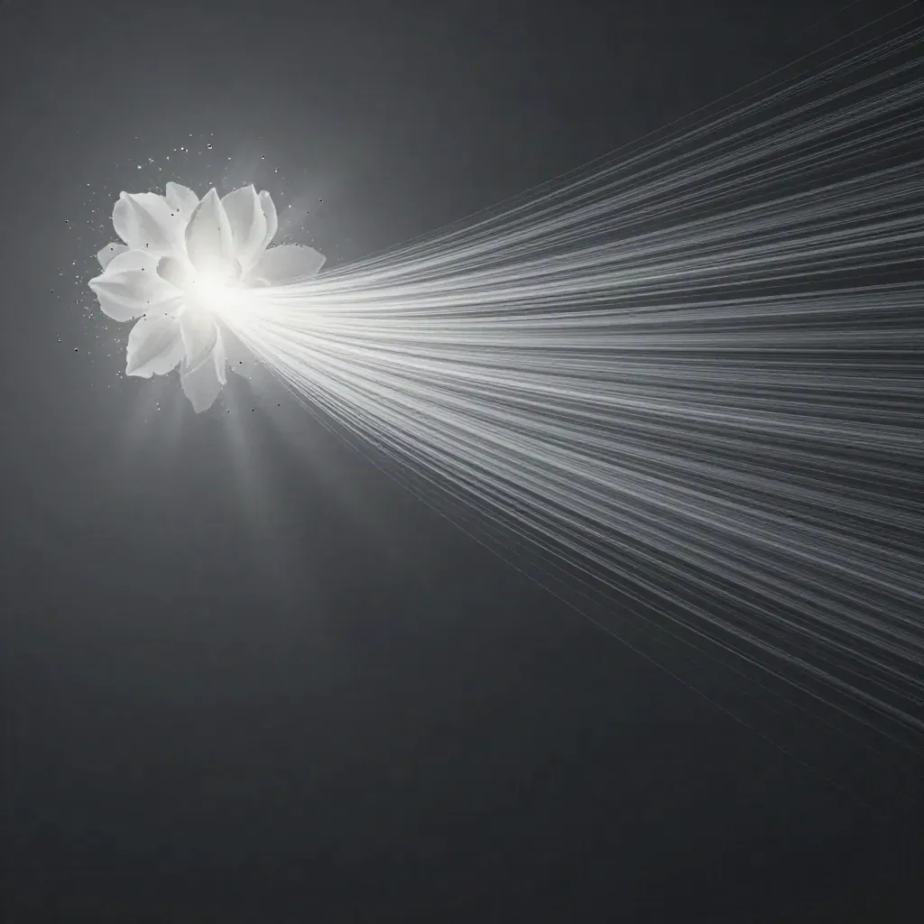 Silver light filaments converge into a white bloom in dark graphite haze.